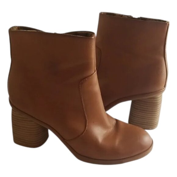 Korks Shoes - Korks Destiny Stacked Block Heel Round Toe Brown Cognac Ankle Bootie Fall - 8M